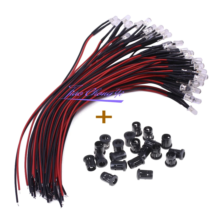 

100pcs 3mm 5mm DC12V Red/Green/Blue/Pink/Yellow/RGB white UV Round Pre-Wired Water Clear LED With Plastic Holder