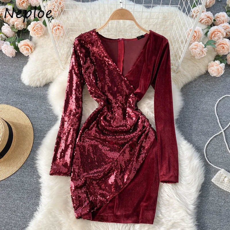 Neploe High-end Light Luxury Ladies Dress Long Sleeve V-neck Sequin Velvet Dresses for Women Party Vestidos Short Robe Femme | Женская