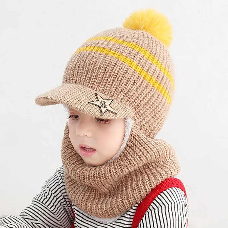 best men's bomber hats 2021 Winter Children's Hat Plus Velvet Warm Hat Scarf One Boy Woolen Cap Face Protection Bib Baby Hat Winter Hats for Girl Cap sheepskin flying hat Bomber Hats