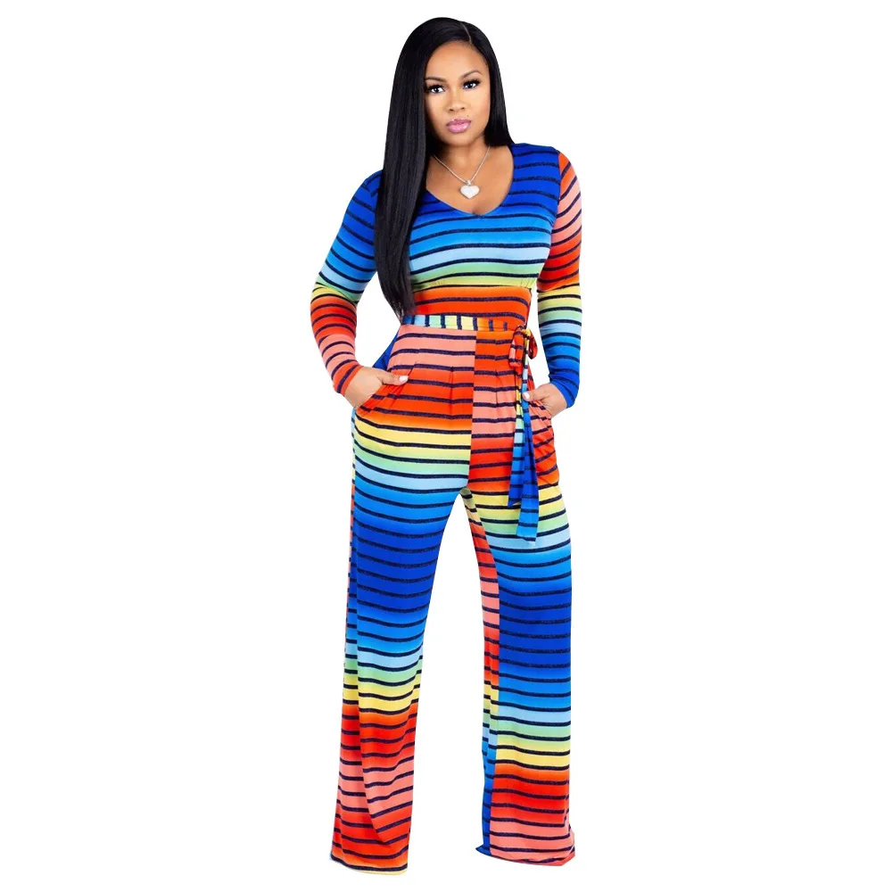 XL Autumn Women Jumpsuits O-neck  Long Sleeve Rompers High Waist Gradient Color Stripe Female Clothes with Belt