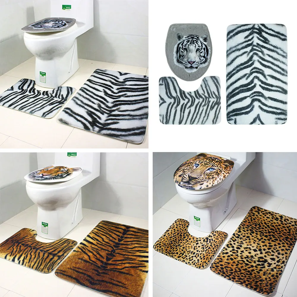 3Pcs/Set Durable Animal Print Non-slip Bath Mat Toilet Rug Bathroom Supplies 