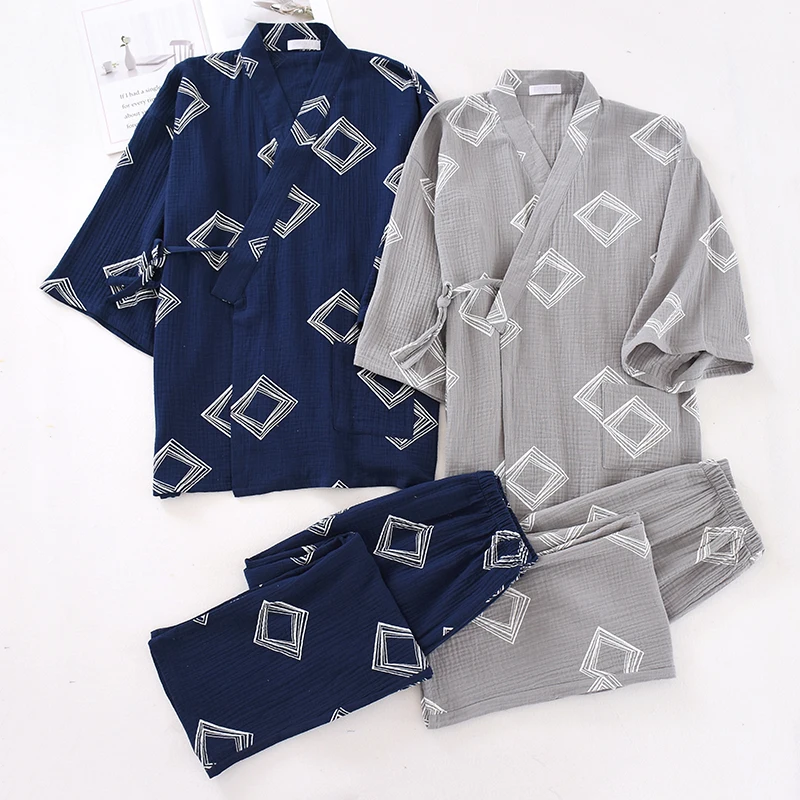 

Spring And Autumn Japanese Kimono Traditional Pajamas Set Men's Washed Cotton Hanfu Yukata Large Size Homewear Sleepwear