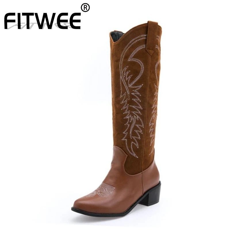 FITWEE New Women Knee High Boots Patchwork Vintage Shoes Woman Fashion Thick Heel Female Warm Winter Mujer Zapatos Size 33-46