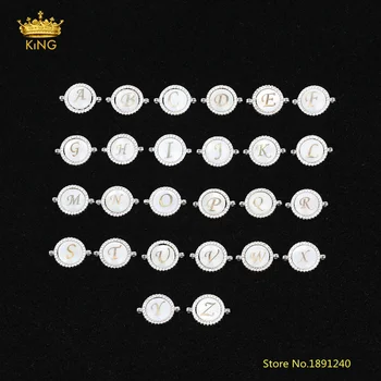 

5pcs/lot Silvery Chain Shell Connectors for Bracelet,26 Letters Round Coin Shell Inlay Zircon Beads Bails Links DIY Necklace