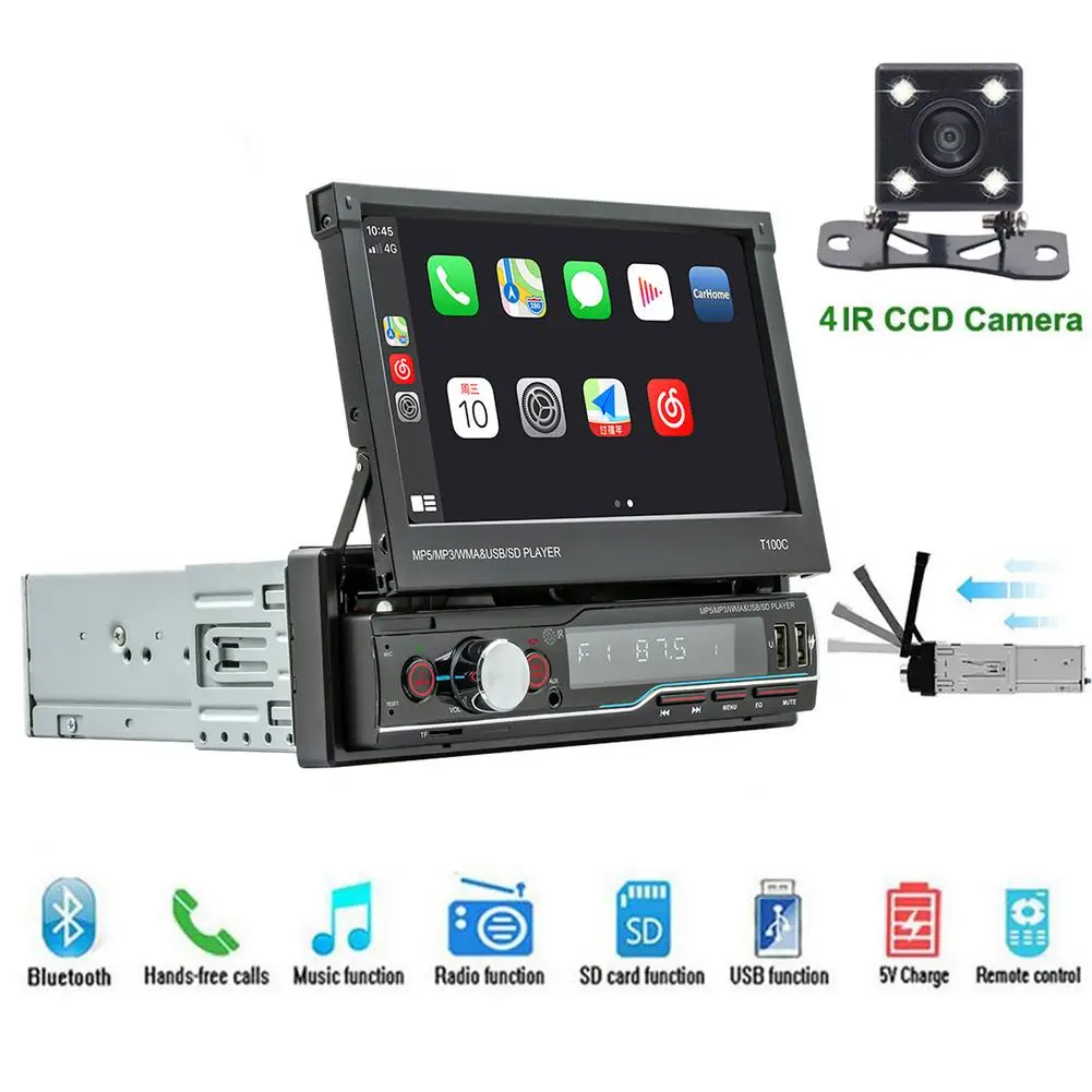 Retractable MP5 Player 1 DIN Apple CarPlay Car Stereo AM/FM Radio Bluetooth GPS Navigation Touchscreen Multimedia | Автомобили и
