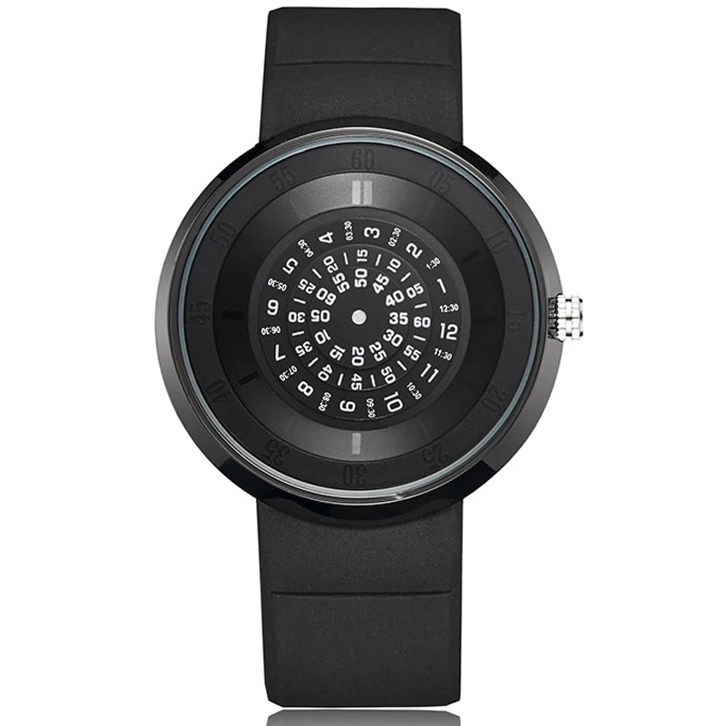 Unique Turntable Black Quartz Wristwatch Men Creative Time Code Watch Waterproof Design Light Sort
