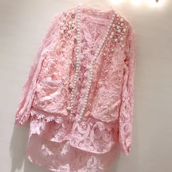 

Twopiece Sets for Women Top Set 2020 Summer New Heavy Beaded Goddess Pink Lace Embroidered Shirt + Vest Suit Female Clothes