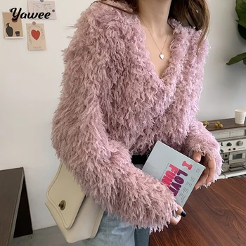 

Yawee Sexy Deep V Neck 2020 New Spring Knitted Sweater Women Korean Style Long Sleeve Loose Pullover Plush Tops Pull Femme