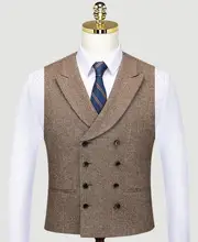 Men's Suit Vests Double Breasted Groom Vests Wedding Brown Wool Herringbone Vests Groomsmen Party Prom Farm Country Waistcoat