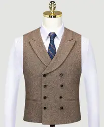 Men's Suit Vests Double Breasted Groom Vests Wedding Brown Wool Herringbone Vests Groomsmen Party Prom Farm Country Waistcoat