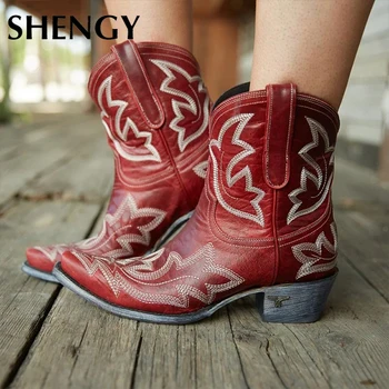 

2019 Women Ankle Boots Fashion Autumn Fashion Pointed Toe Square Heel Retro Shoes Ladies Wedding Party Western Boots