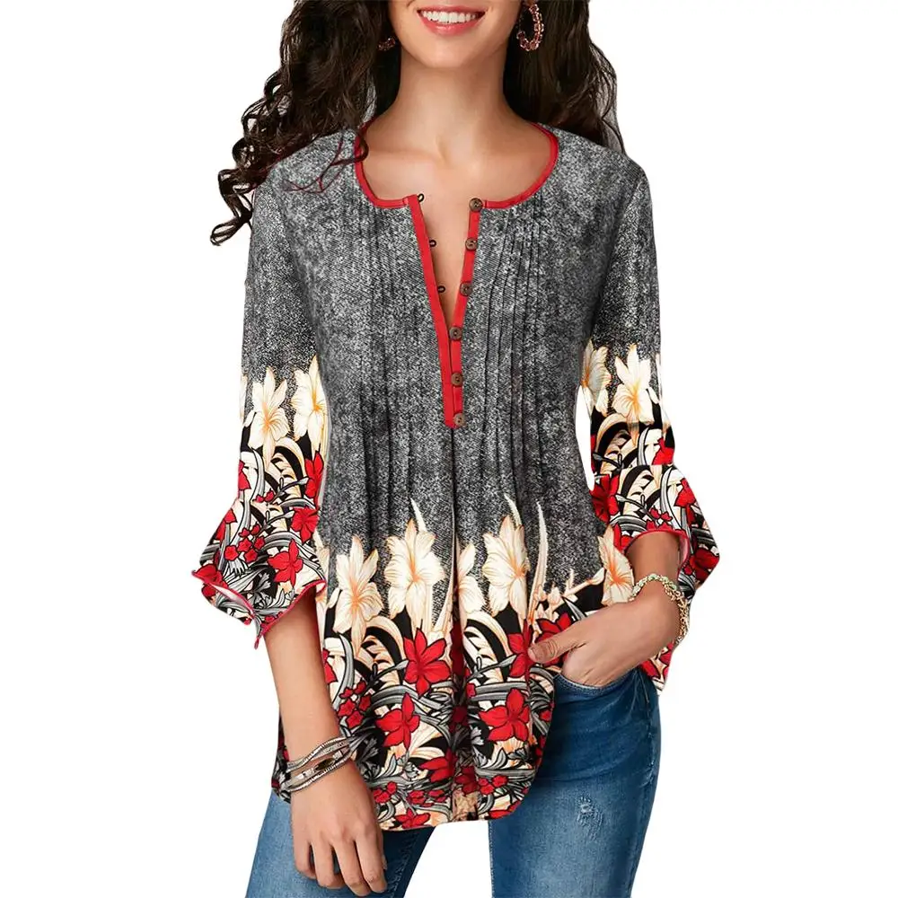 Женская блузка с рукавом три четверти с цветочным принтом, повседневная свободная туника, женская блузка, рубашки, модная женская одежда размера плюс, 5XL
