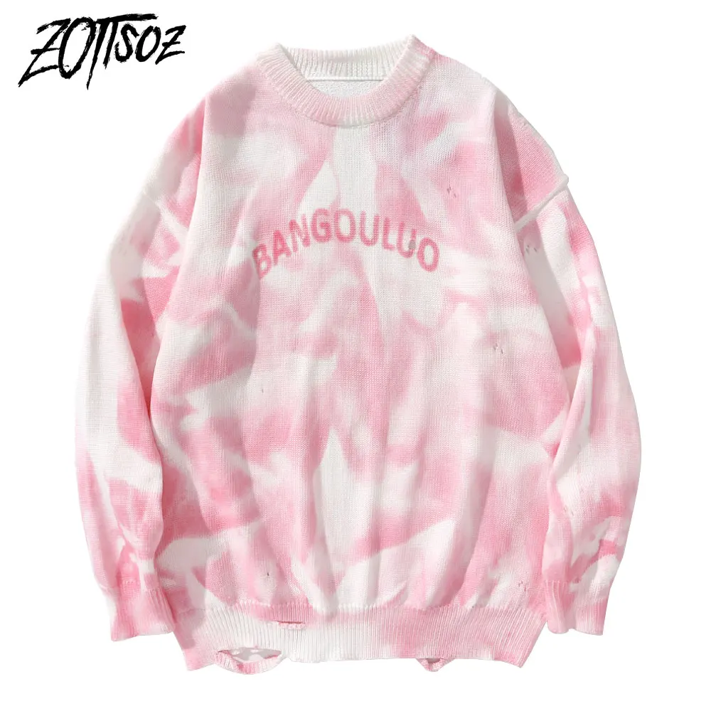 

ZOTTSOZ Pullover Jumpers Casual Harajuku Women Knit Tie Dye Distressed Ripped Destroyed Holes Hip Hop Streetwear Sweaters Tops