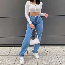 Jeans Women 2021 New Fashion Mom Jeans Straight Leg Pants Washed Blue Casual Long Denim Trousers High Waist Jeans Streetwear
