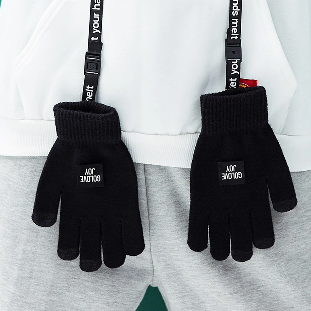1Pair Winter Gloves With Hanging Rope Knit Mitten Anti-slip Touch Screen Gloves Wool Warm Gloves for Men Boys - Color: Black