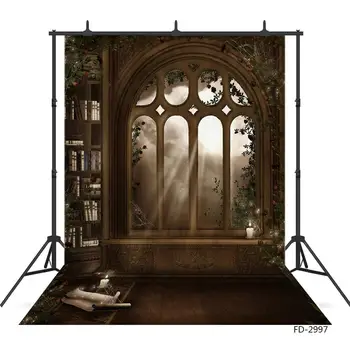 

Vintage Wooden Bookrack Arch Window Photography Backdrop for Halloween Vinyl Photocall Background for Children Baby Photoshoot