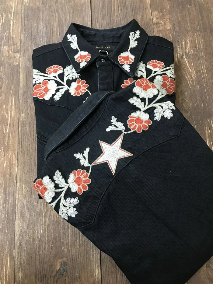Men's 100% Cotton denim western music embroidery American long sleeves shirt | Мужская одежда