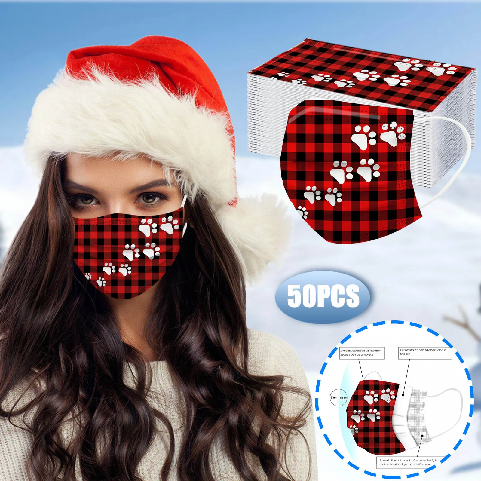2021 New Women And Men Dust Mask 50pc Adult Christmas Printed Mask Disposable Face Mask Industrial 3ply Ear Loop Маска Для Лица 6