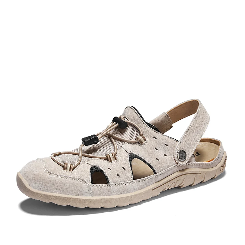 

Genuine Leather Sandals Men Fashion Slip On Rubber Sole Covered Toe Flat Casual Sandals Footwear Beach Sandals Fishernan Shoes