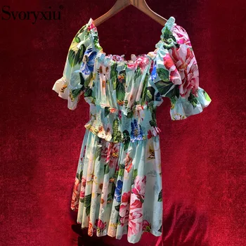 

Svoryxiu Sexy Off Shoulder Summer Holiday Dress Women's Elastic Waist Custom Button Blue Flower Print Runway Cotton Short Dress