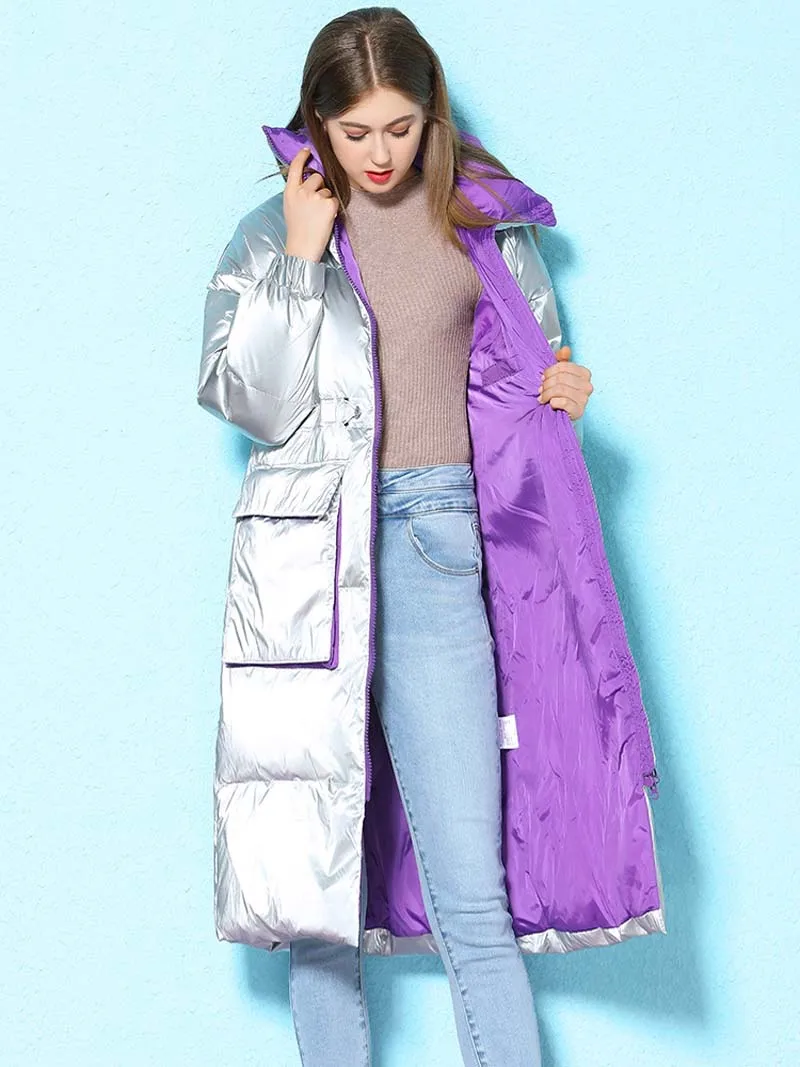 Winter Women Silver Duck Down jacket Loose High collar Female Long Outwear Long sleeve Thick warm Coat Casual YNZZU 9O096