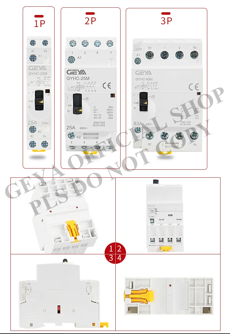 GEYA контактор 4P 40A 63A 4NO или 2NC2NO 220 V/230 V 50/60HZ Din Rail бытовой AC Контактор В соответствии с стандартом вручную Управление