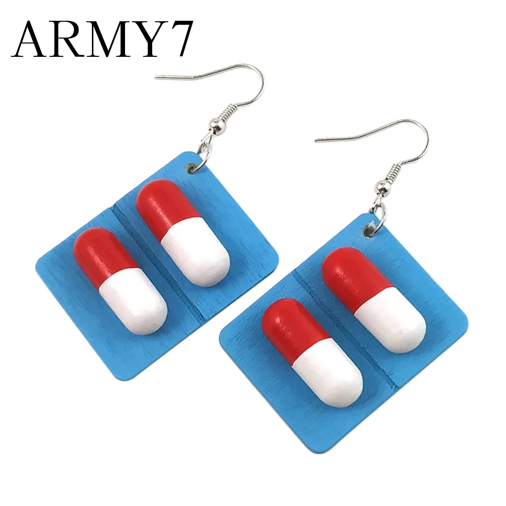 

Funny Statement Dangle Earings Women Hook Earrings Creative Pills Capsule Wooden Drop Pendant Party Jewelry Gift Ornaments Blue