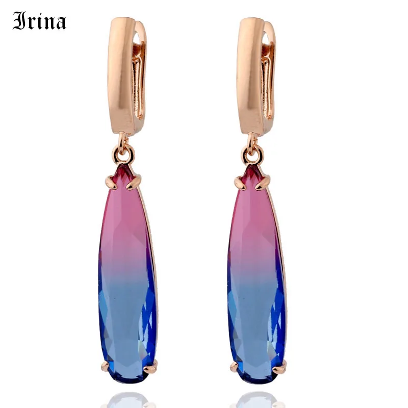 Rose Gold Long Earrings Water Drop Colorful Natural Zirconia Dangle Jewelry Gift