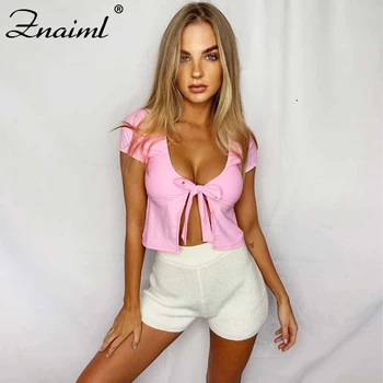 

Znaiml Modal Lace Up Bowknot V-Neck Sexy Blouse Summer Women Short Sleeve Solid Female Tops and Blouses Shirts Short Streetwear