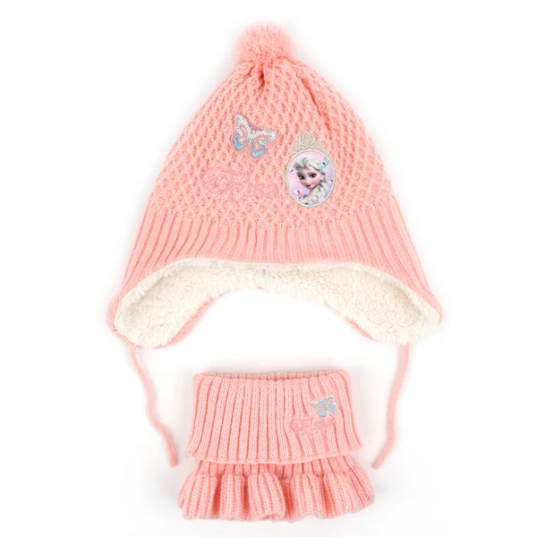 Шапка и шарф для детей с изображением Эльзы из мультфильма «Холодное сердце»; Теплая Флисовая шапка с помпоном для девочек; зимняя вязаная шапка-ушанка; теплая шапка-ушанка - Цвет: Pink Hat Scarf  Set
