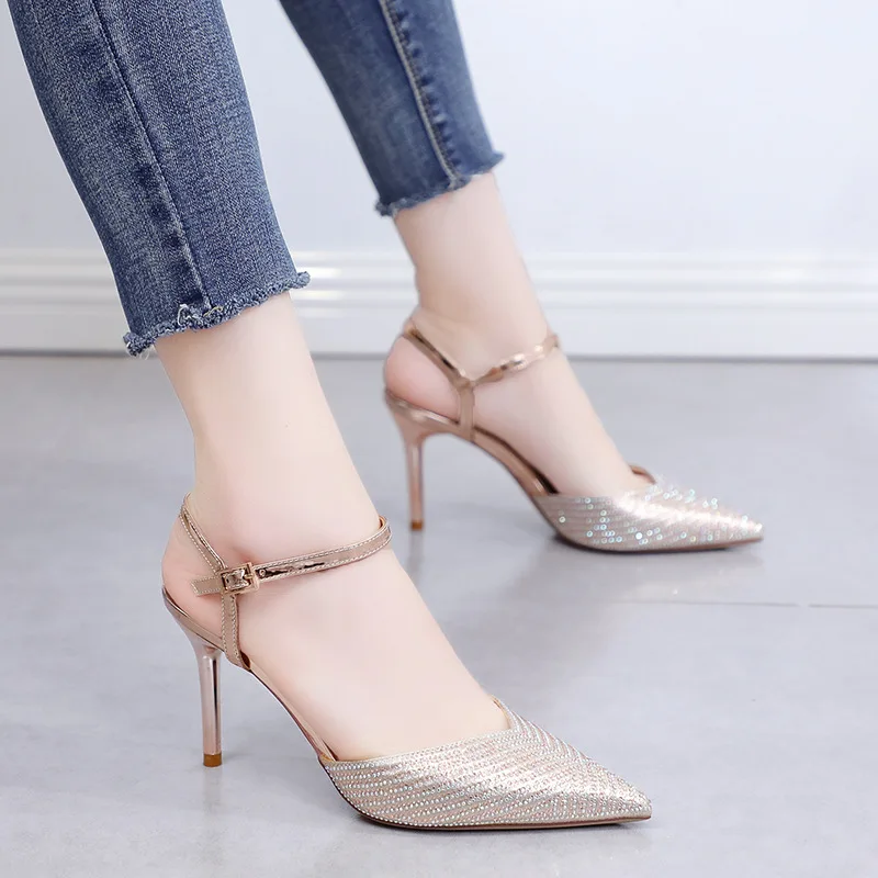 

Sandals Stiletto Heels Comfort Shoes For Women 2019 Summer Buckle Strap Suit Female Beige Comfort Block Pointed Ladies Women's