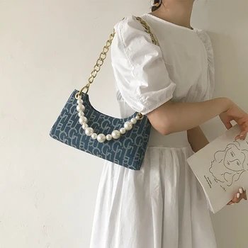 

Denim Underarm Bag 2020 New Summer Women Purse and Handbags Fashion Casual Shoulder Messenger Bags High Quality Niche Pearl Bag