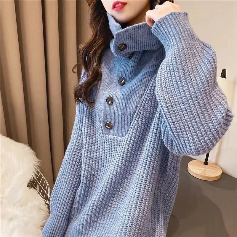 Lapel stand up collar solid color sweater loose Slouchy top fashion trend flu sweater autumn winter 2019 new Korean version Lapel stand up collar solid color sweater loose Slouchy top fashion trend flu sweater autumn winter 2019 new Korean version