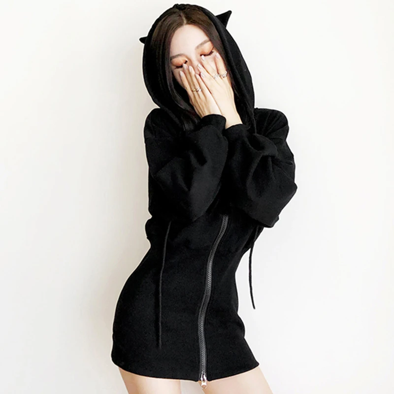 

Kawaii Hoodie Harajuku Long Sweatshirt Women Black Punk Gothic Hoodies Hoody Ladies Zip-up 2019 Autumn Cute Ear Cat Hoodies