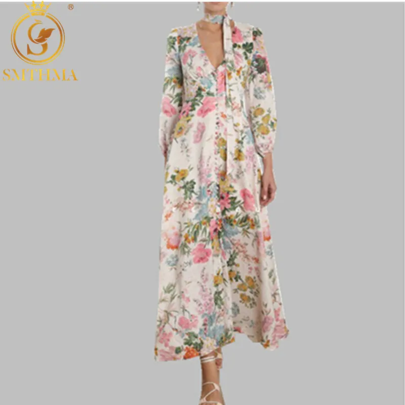 

2019 New Autumn and winter Print Runway Dress Female Sexy V Neck Lantern Sleeve High Waist Lace Up Maxi Dresses