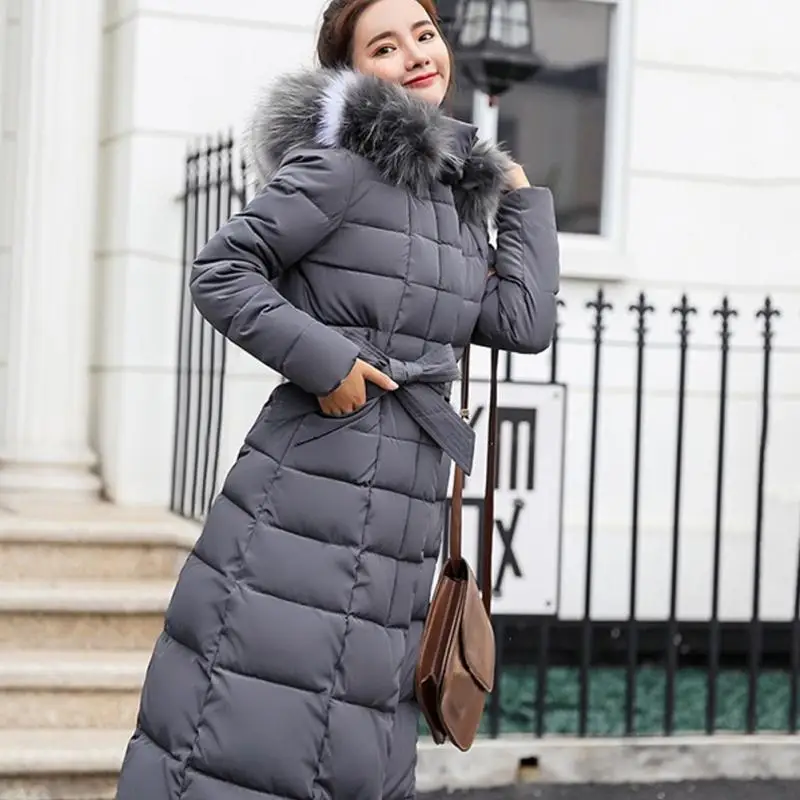 Зимний женский пуховик с длинным капюшоном модная Снежная одежда теплые длинные куртки с длинными рукавами с хлопковой подкладкой пуховое пальто для женщин