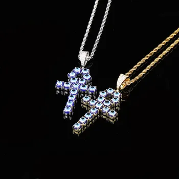 

DNSCHIC Iced Out Anhe Cross Pendant Full Zircon Turkey Blue Eyes Egyptian Life Key Necklace Hip Hop Jewelry Pendant for Men