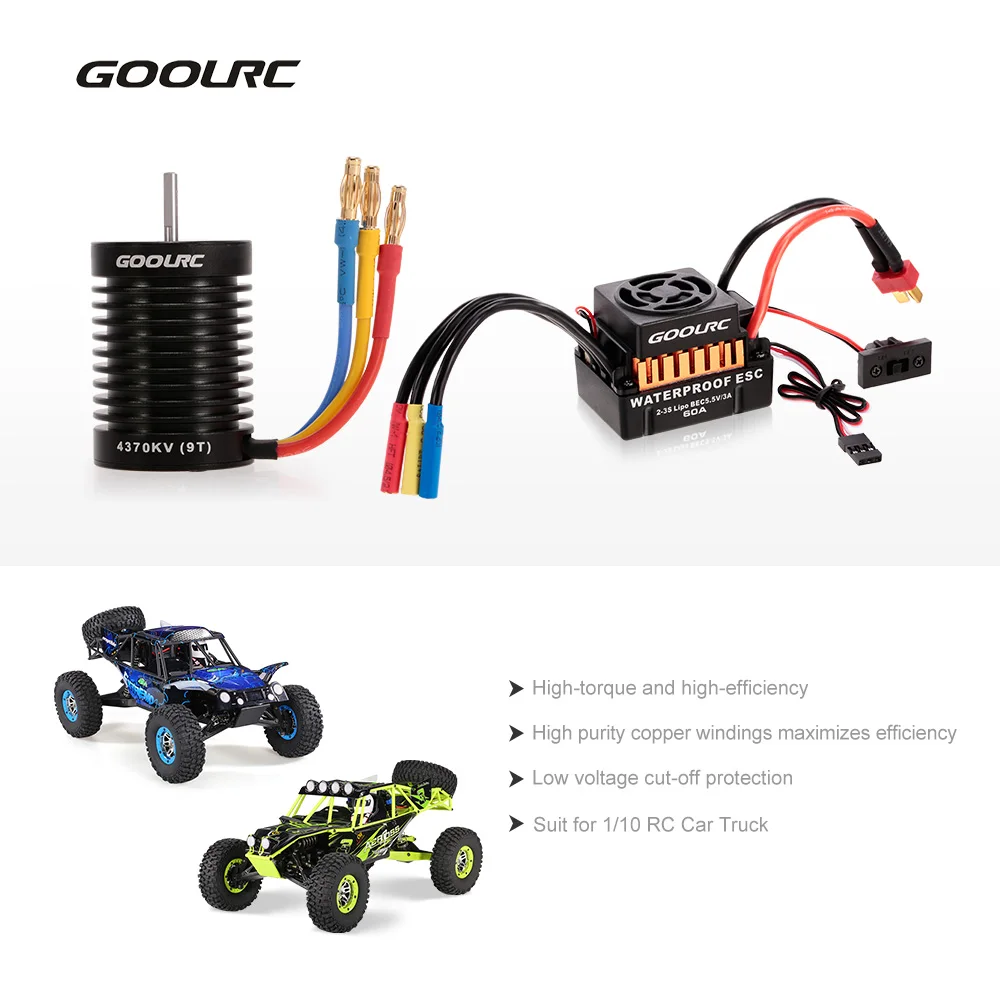 

RC Motor GoolRC 9T 4370KV 4 Poles Sensorless RC Brushless Motor and Waterproof 60A Sensorless Brushless ESC for 1/10 RC Car Boat