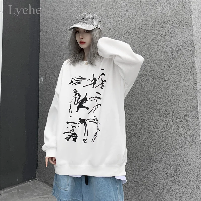 Lychee Женские флисовые толстовки Harajuku с темными персонажами, весенние, осенние, зимние женские топы, повседневные свободные женские пуловеры с вырезом лодочкой