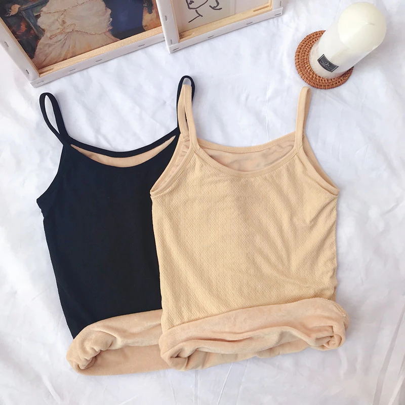 Winter Thermal Velvet Cotton Camis Top Women Solid Slim Thicken Pullovers Camis Female Warm Tank Tops Girls