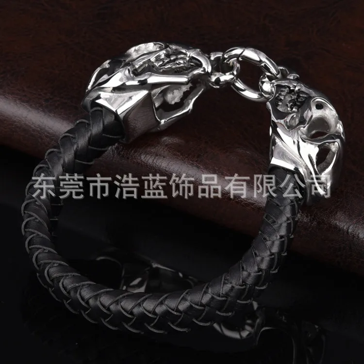 

Retro Bracelets Cool Ghosts Death Skull Genuine Leather Weaving Casting Bracelet Stainless Steel Bracelet