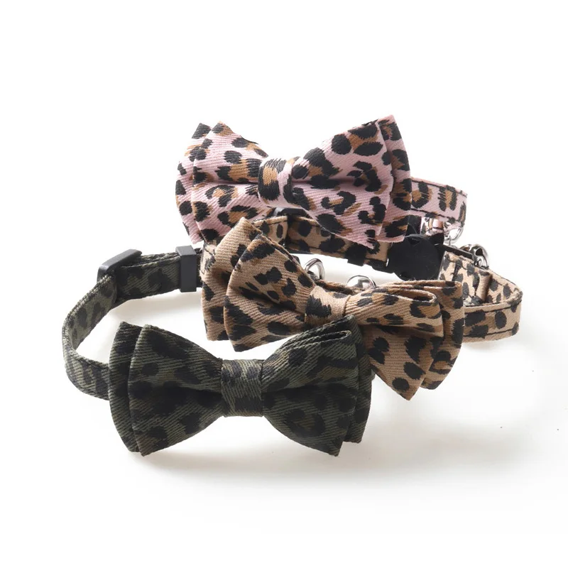 Collar con lazo con estampado de leopardo para gato, lazo ajustable con hebilla para gatito, pajarita con cascabel para cachorro, Chihuahua, perros pequeños, collares de mascotas, suministros