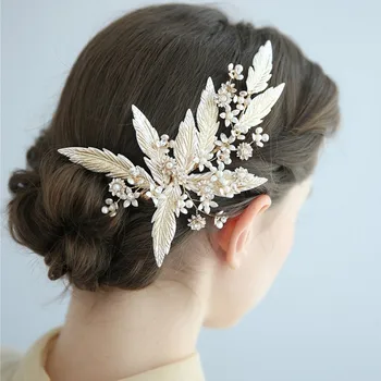 

Bridal Hair Clip Jewelry Light Gold Leaf Wedding Headpiece Floral Hair Accessories Handmade Women Party Prom Hairpiece