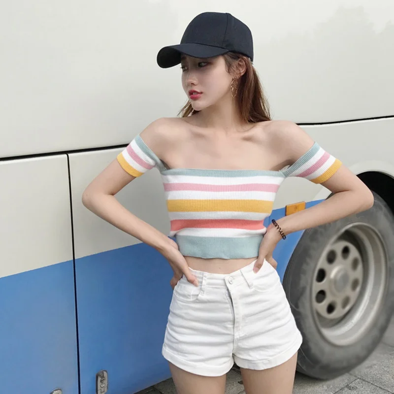 

Women Sexy Short Sleeve T-Shirt Slim Short Tops Colorful Striped Basic Tops Sexy Knitted Top