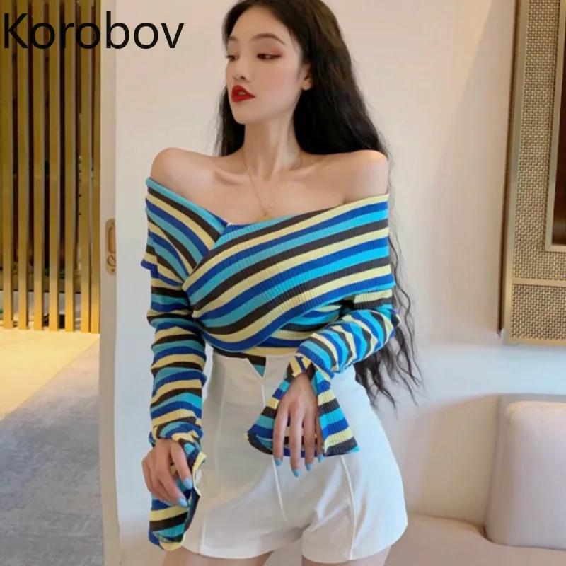 

Korobov Autumn Long Sleeve Striped Women T Shirt Sexy Off Shoulder Slash Neck Female Tee Korean Slim Stretch T-Shirt 78918
