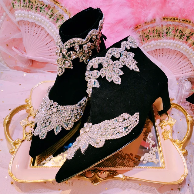 Womens Retro Ankle Boots Rhinestones 