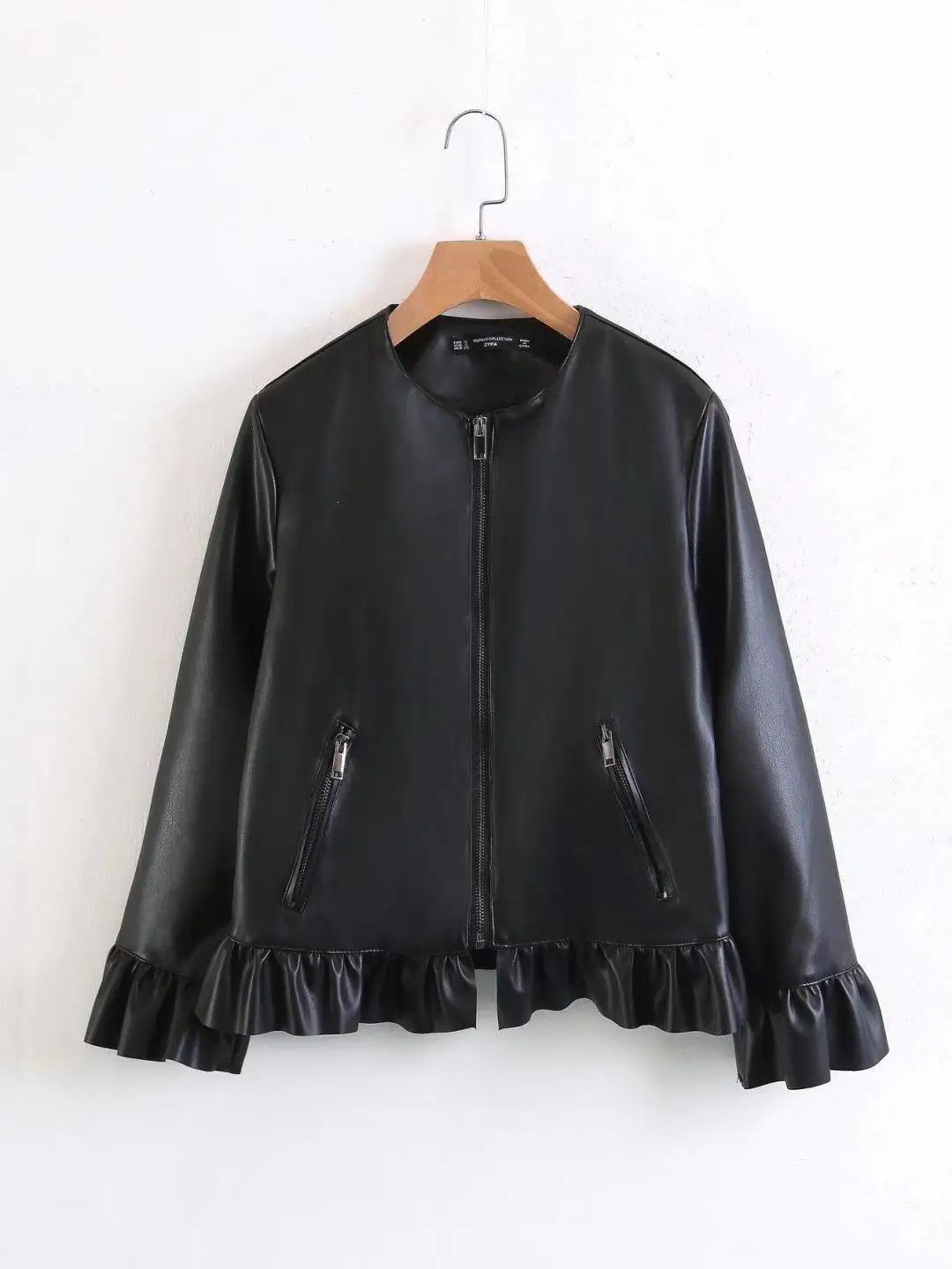 Женская Осенняя повседневная куртка из искусственной кожи с круглым вырезом, короткая куртка с милыми оборками и рукавами 3/4, тонкое кожаное пальто