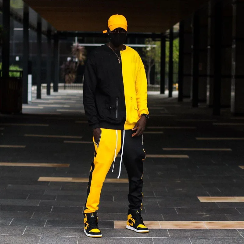 ZFIT, комплекты для мужчин, толстовка+ тренировочные брюки для бега, мужские тренировочные комплекты, двухцветные сшитые спортивные костюмы для мужчин - Цвет: Black yellow