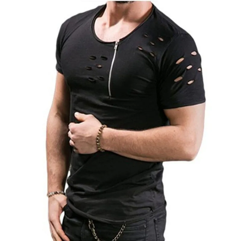 

2019 Summer T Shirt Men Plus Size 3XL Ripped Hole T-shirts Men Zipper Breathable Casual Tees Men's T Shirt