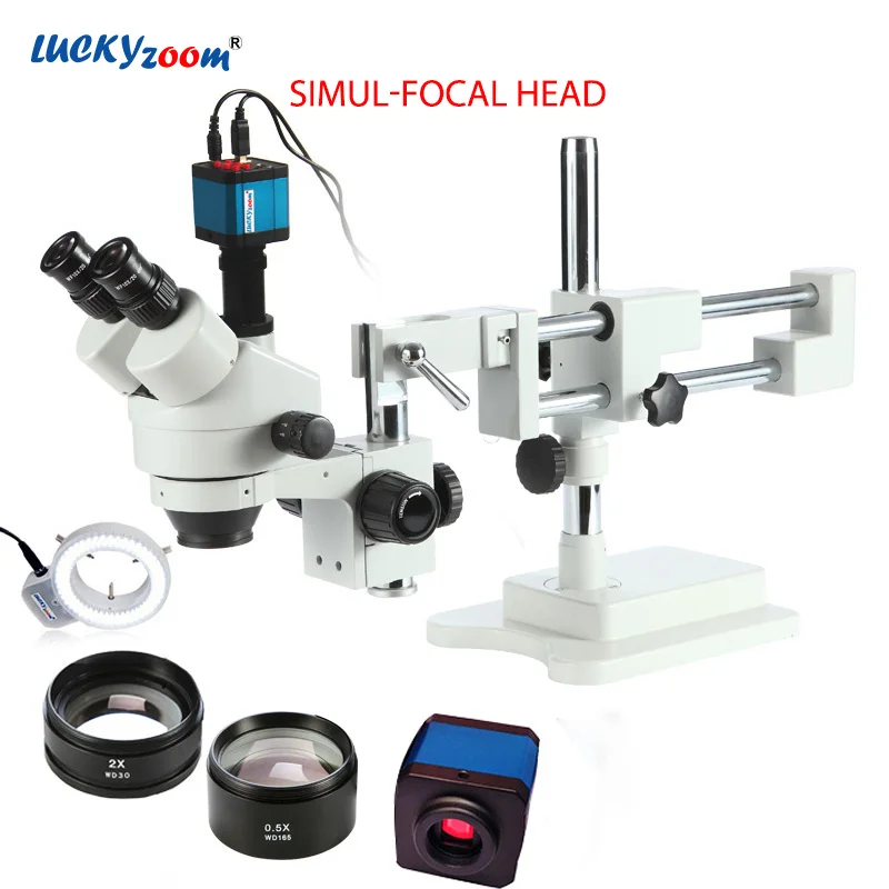 3.5X-90X Simul Focal Trinocular Microscope Double Boom Stand 14MP Camera 144pc Ring Light Soldering Stereo Microscopio Set